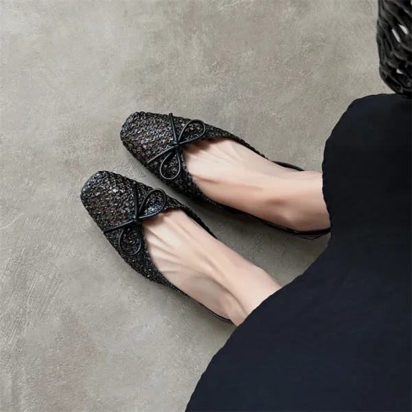 Design Woven Slingback Loafers with Bow Detail in Beige, Brown, and Black Loafers - 24