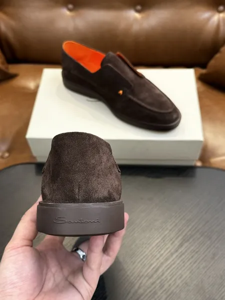 Design Santoni Loafer Slip-On Olive Green Suede with Orange Sole Casual Shoes Loafers - 42