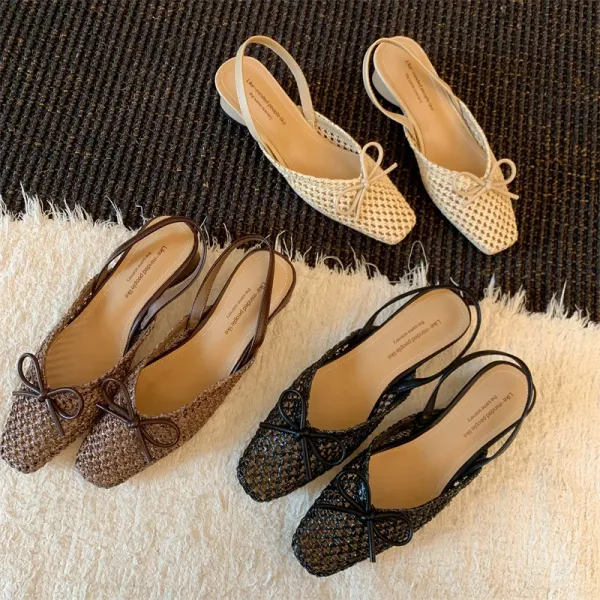 Design Woven Slingback Loafers with Bow Detail in Beige, Brown, and Black Loafers - 29