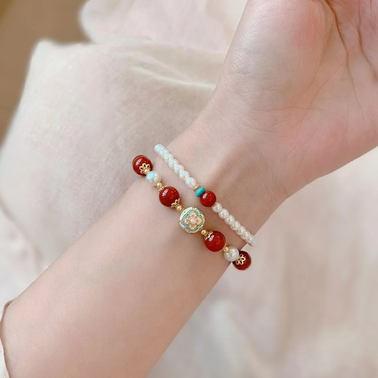 Handcrafted Red Coral and Pearl Beaded Bracelet Set Jewelry