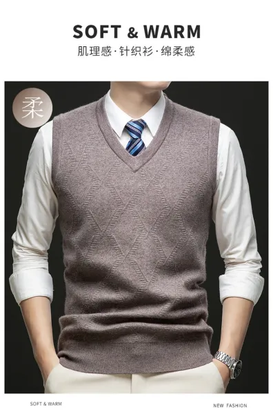 Design V-Neck Knit Vest Navy Blue Vest Top - 24