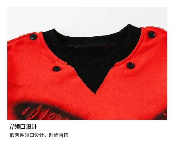Design Distressed Mouth Print Color-Block Hoodie Red / Black - 17