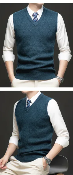 Design V-Neck Knit Vest Navy Blue Vest Top - 32