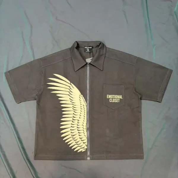 Design Emotional Closet Wing Print Zip-Up Shirt Gray Shirt - 1