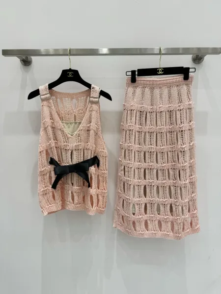 Chanel Knit Vest Top with Leather Belt Beige - 2