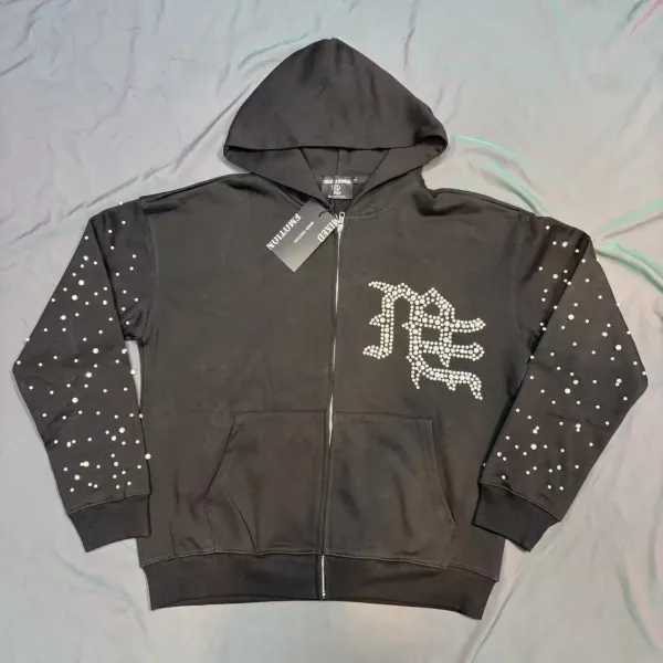 Design Mixed Emotion Crystal-Embellished Zip-Up Hoodie Black Hoodie - 1