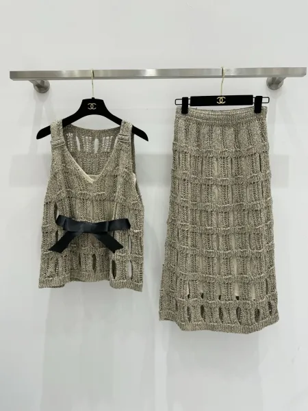 Chanel Knit Vest Top with Leather Belt Beige - 3