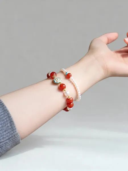 Design Pearl Bead Bracelet with Red and Turquoise Accents Bracelet Jewelry - 6