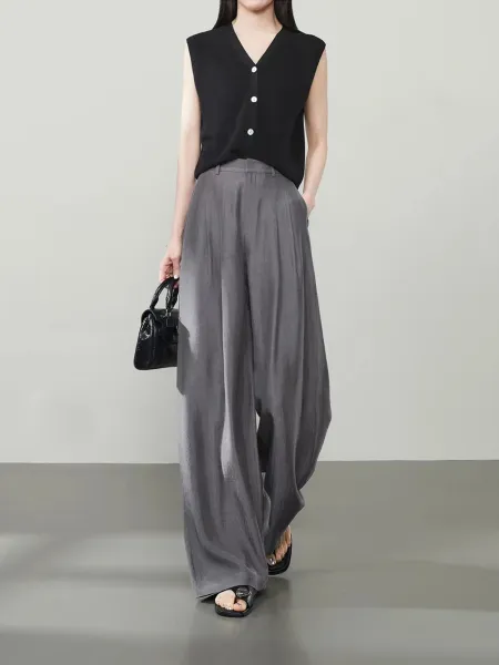 Design Wide-Leg Linen Blend Trousers Beige Pants - 24