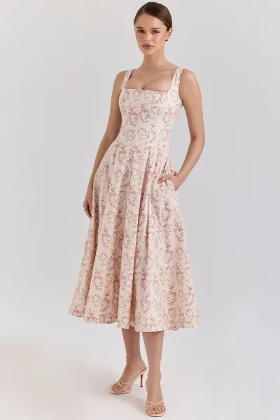 Design Floral Corset Midi Dress Beige Pink - 8