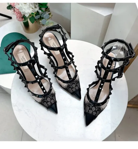 Valentino Rockstud Lace-Trimmed Strappy Stiletto Heels Black - 3
