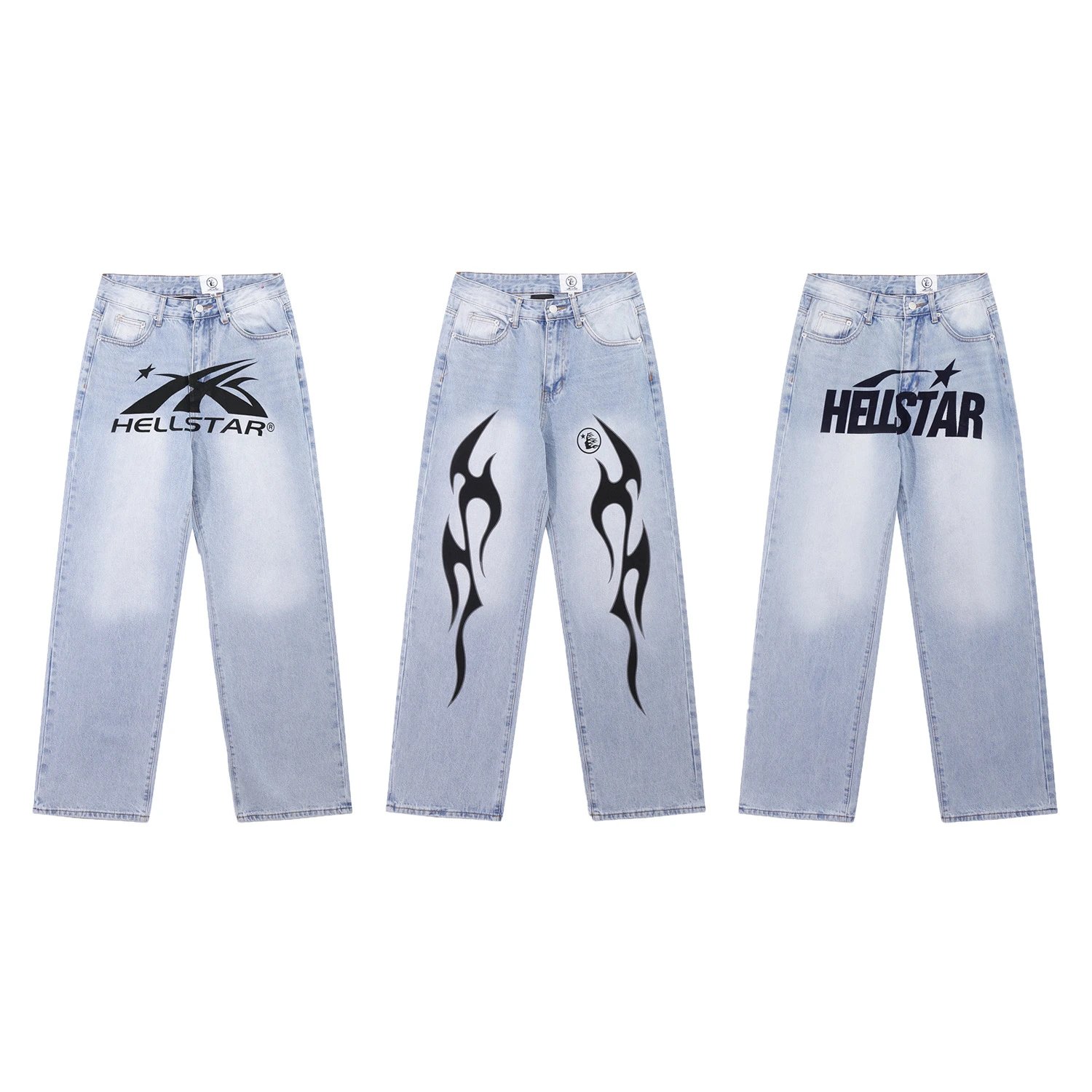 Hellstar Denim Jeans Light Blue Distressed Streetwear