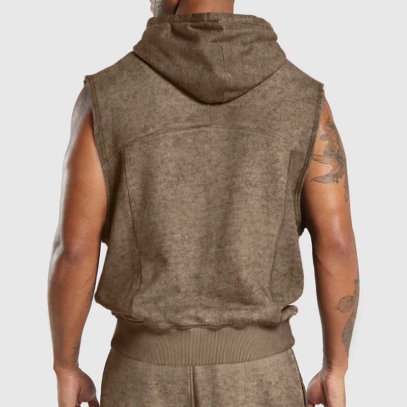 Design Sleeveless Hoodie Navy Acid Wash Vest-Top - 13