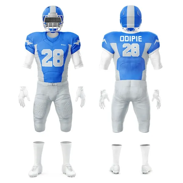 Design Custom Football Uniform Set Blue and White Jersey with Number 28 Activewear - 1