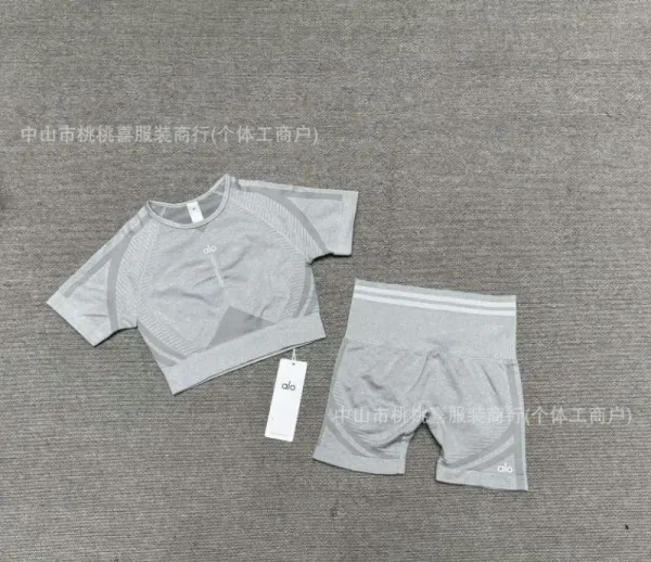 Alo Yoga Performance Crop Top and Biker Shorts Set Gray Activewear - 13