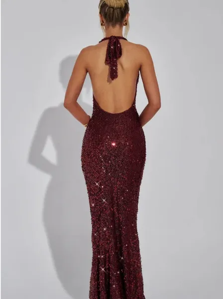 Design Sheer Sequined Halter Gown Black Dress - 29