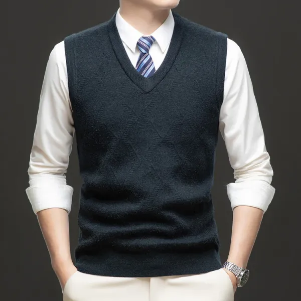Design V-Neck Knit Vest Navy Blue Vest Top - 86