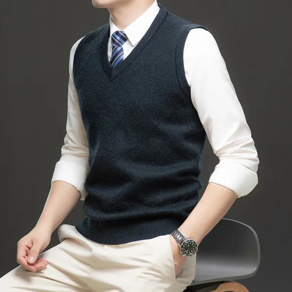 Design V-Neck Knit Vest Navy Blue Vest Top - 97