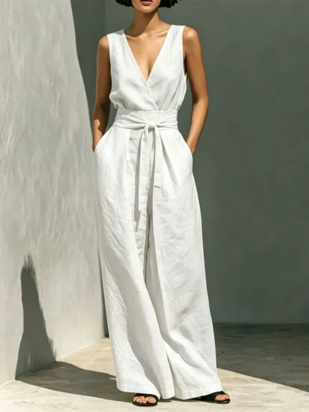 Design Wrap Front Wide-Leg Jumpsuit Black Dress - 5
