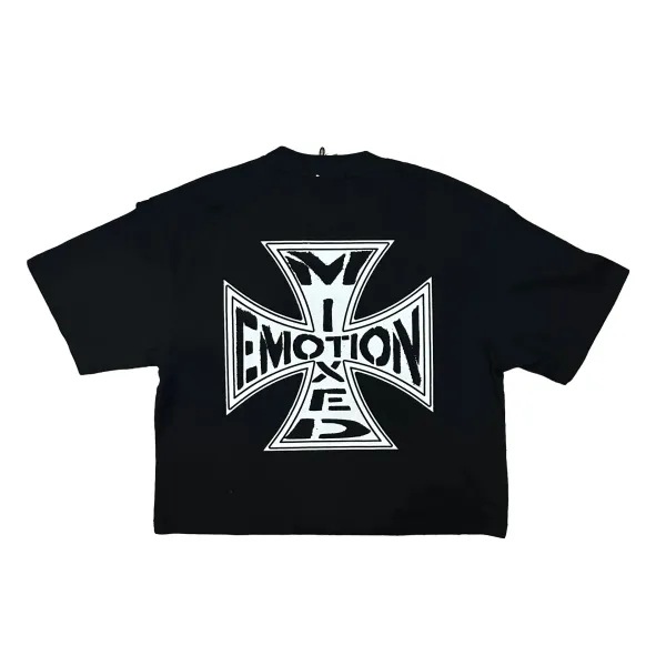 Design Mixed Emotion Iron Cross Black Cropped T-Shirt T-Shirts - 1