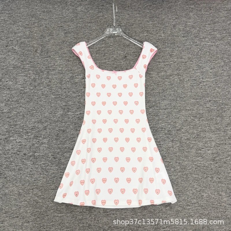 Design Heart Print Sleeveless A-Line Dress White Pink