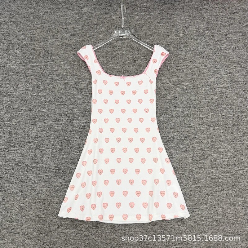 Heart Print Sleeveless A-Line Dress White Pink