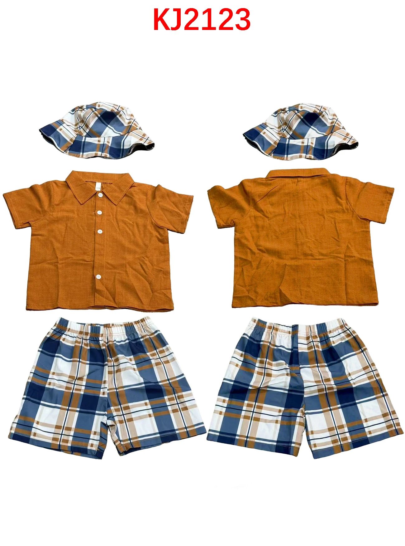 Design Plaid Bucket Hat and Mustard Shirt Set with Matching Shorts - 7