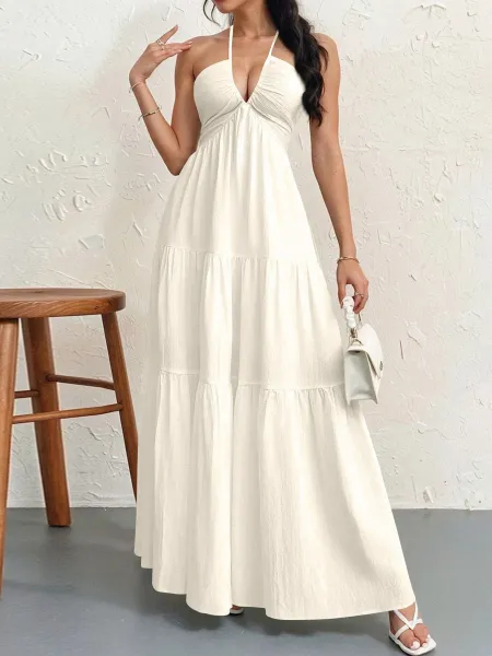 Design Halter Neck Tiered Maxi Dress Pale Yellow - 18