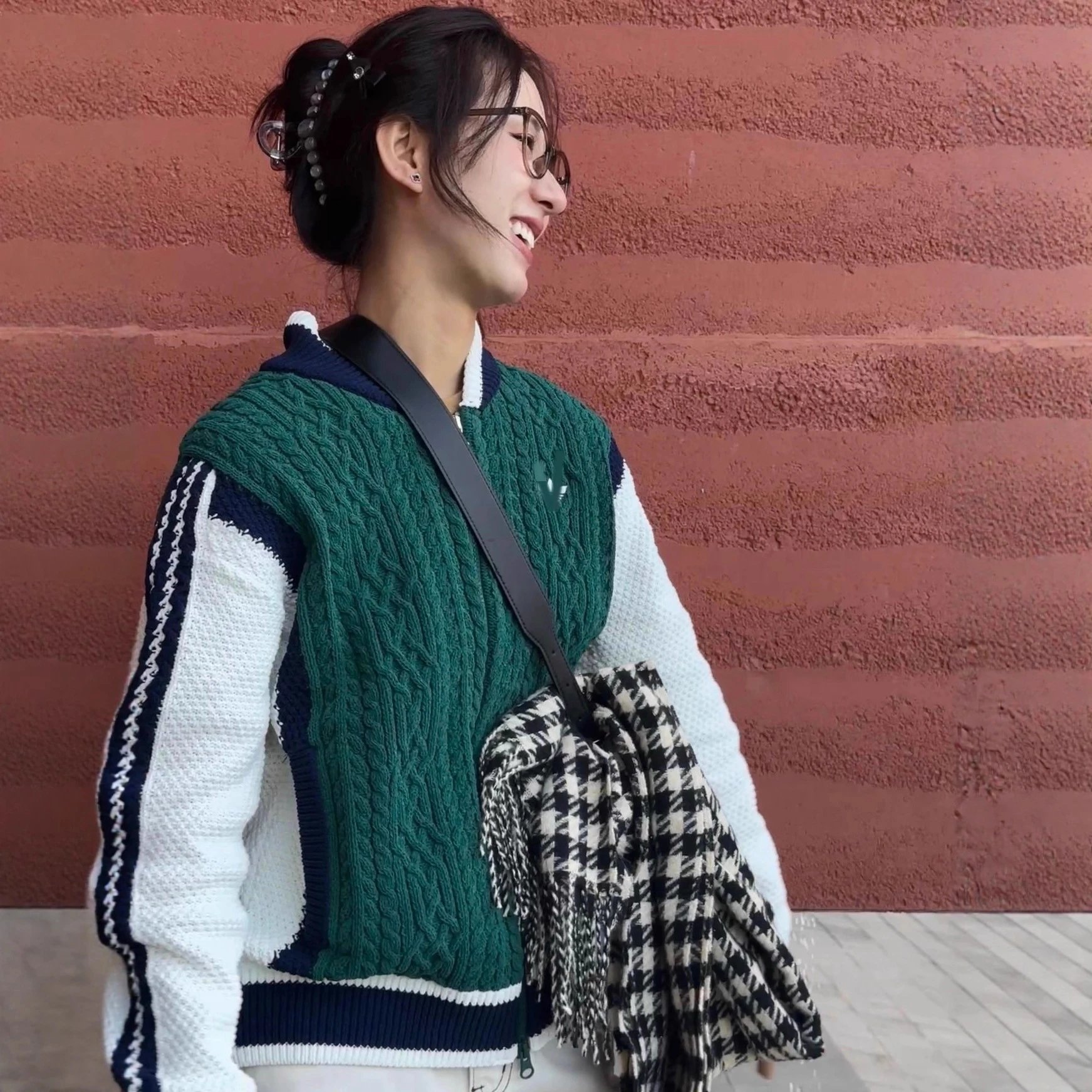 Cable Knit Varsity Jacket Brown And Green Colorblock Casual Sweater