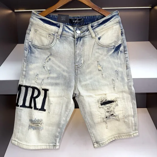 Amiri Distressed Logo-Print Denim Shorts Light Wash - 1