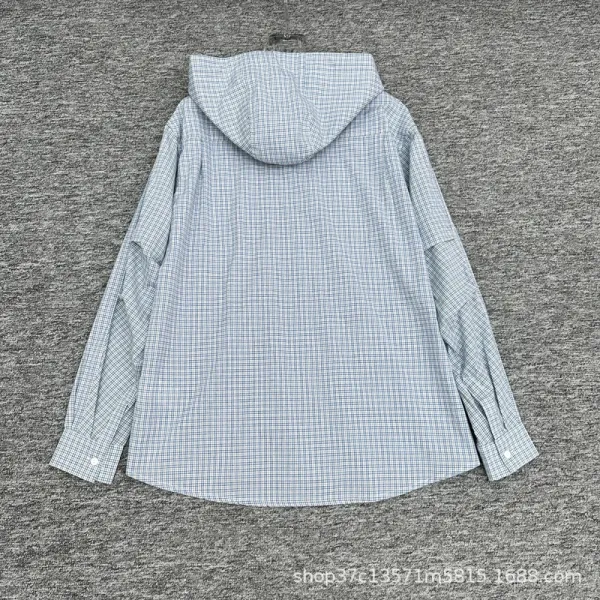 Design Hooded Shirt with Necktie Print and Charm Embellishments Light Blue Checkered Hoodie - 4
