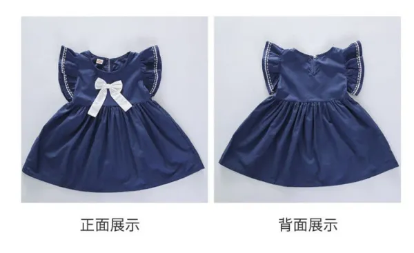 Design Bow Detail White Dress with Navy Trim Kids Dress - 11
