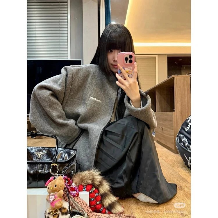 Miu Miu Oversized Fleece Jacket Gray Outerwear - 7