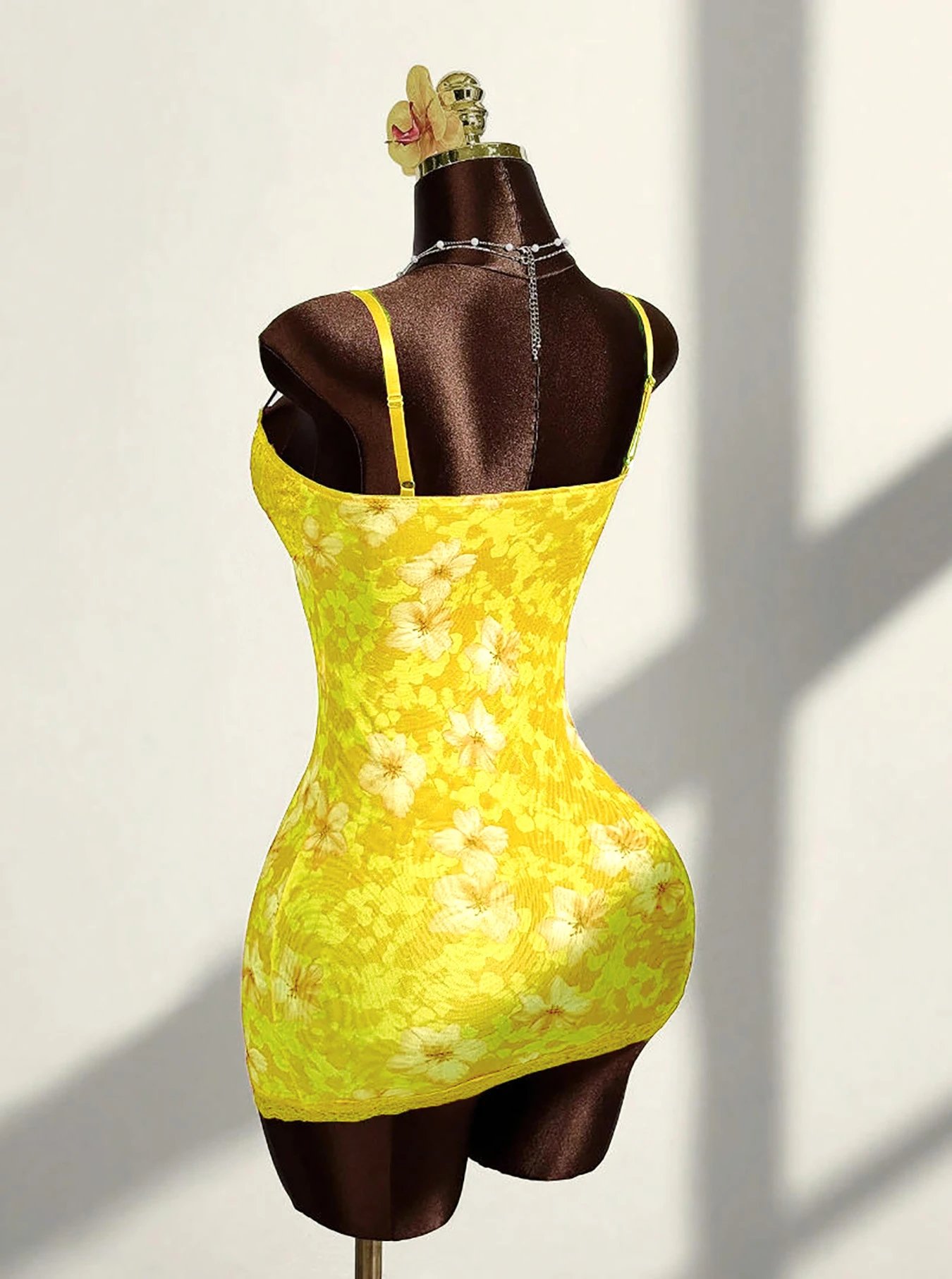 Design Leopard Print Lace Trim Bodysuit Yellow Underwear - 25