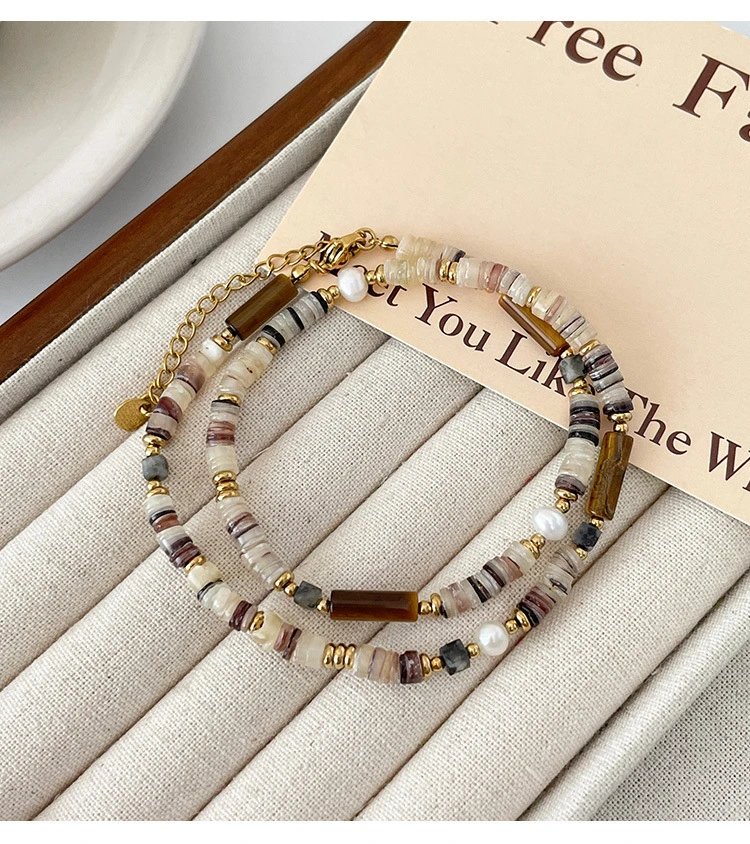 Design Handmade Shell and Pearl Bead Bracelet with Gold-Tone Chain Jewelry - 8