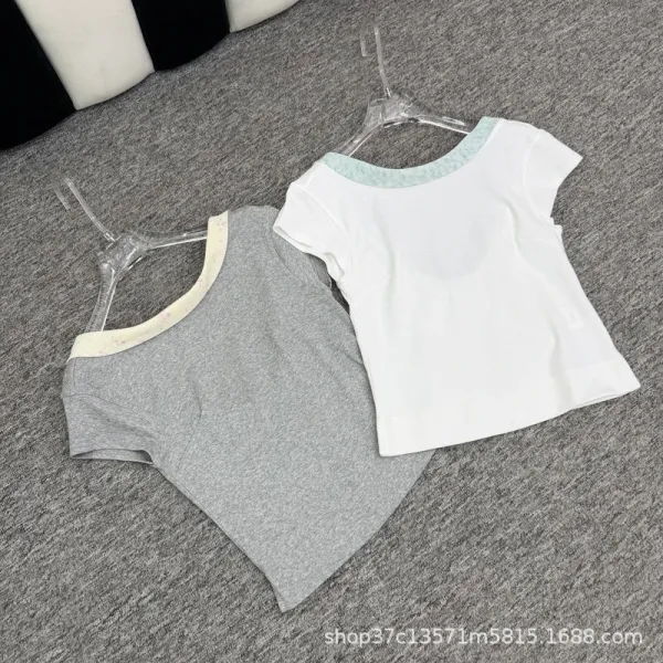 Design Bow-Neck Tie Detail White T-Shirt with Mint Green Trim - 5