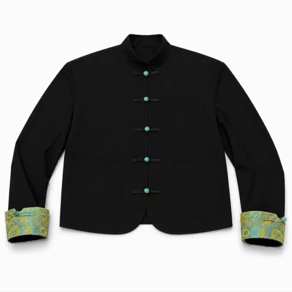 Design Black with Turquoise Buttons and Brocade Cuffs Jacket Outerwear Jacket - 4