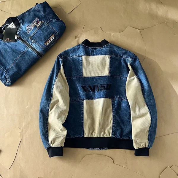Evisu Denim Bomber Jacket with Osaka Japan Patch and Corduroy Panels Blue - 5