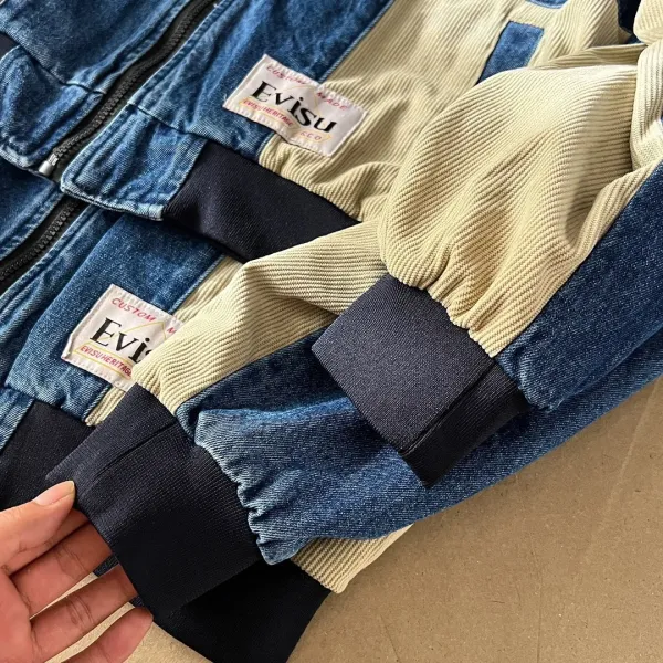 Evisu Denim Bomber Jacket with Osaka Japan Patch and Corduroy Panels Blue - 10