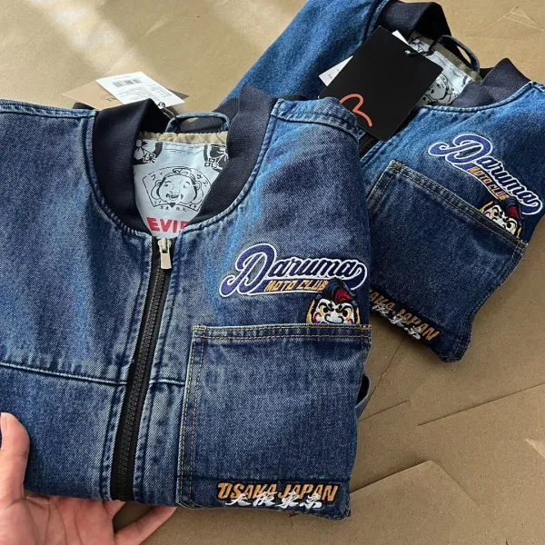 Evisu Denim Bomber Jacket with Osaka Japan Patch and Corduroy Panels Blue - 12