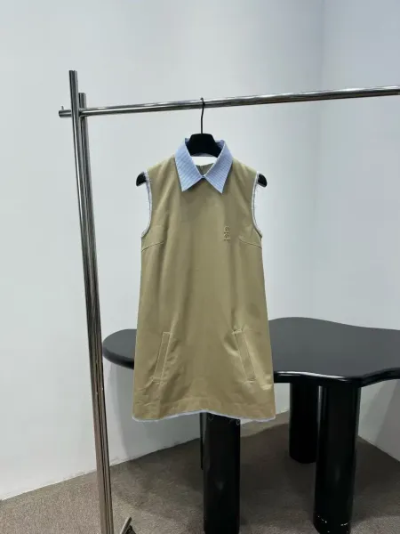 Design Collar-Attached Sleeveless Shirt-Dress in Beige with Striped Detail - 1