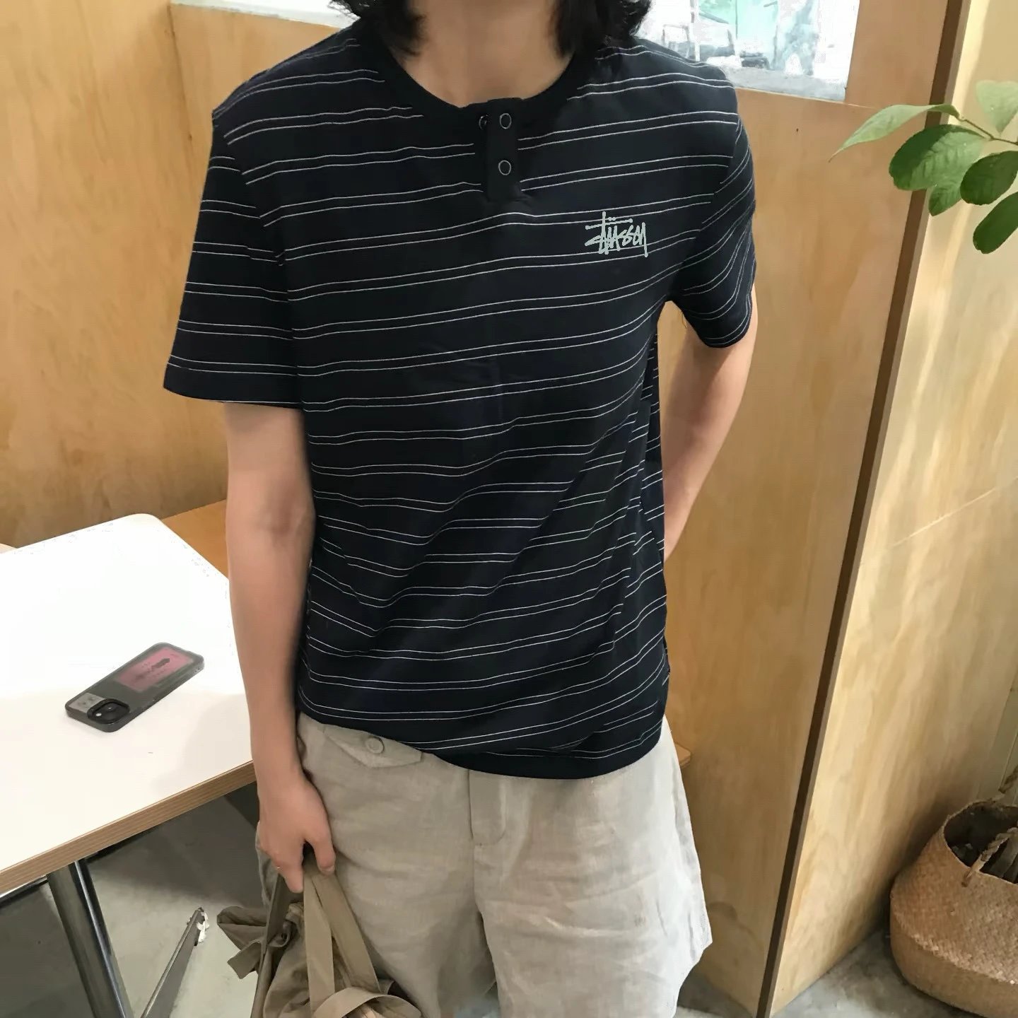 Stussy Striped Gray Henley Short Sleeve T-Shirt
