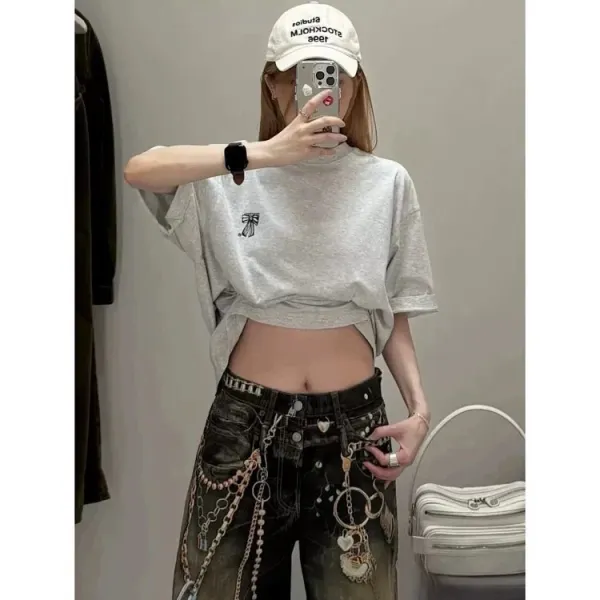 Design Embroidered Bow T-Shirt Gray - 9