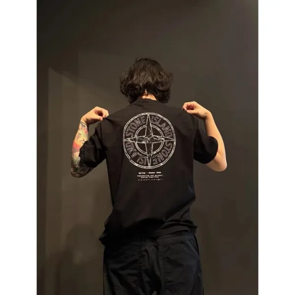 Stone Island Compass Logo Print Black T-Shirt - 4