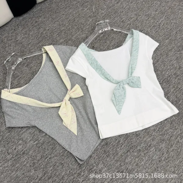 Design Bow-Neck Tie Detail White T-Shirt with Mint Green Trim - 7
