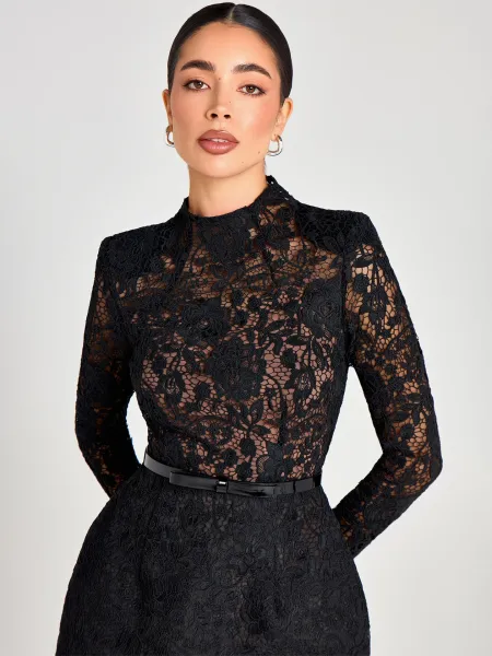 Design Floral Lace High-Neck Mini Dress Pink - 19