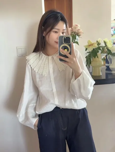Design Crochet Collar Linen Shirt White Tops Shirt - 5
