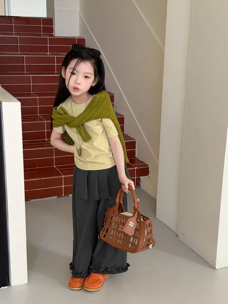 Design Short Sleeve T-Shirt in Sage Green with Tiered Lace Skirt Set - 46