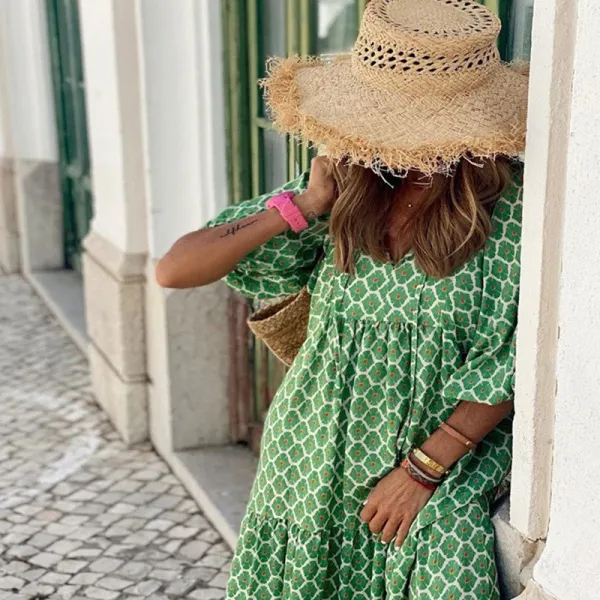 Design Tiered Maxi Dress with Geometric Leaf Print Multicolor - 17