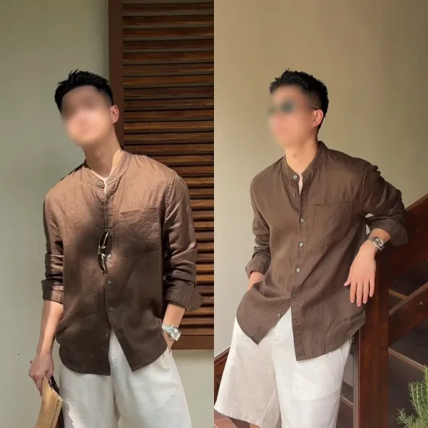 Design Mandarin Collar Shirt Brown Linen Blend Shirt - 8